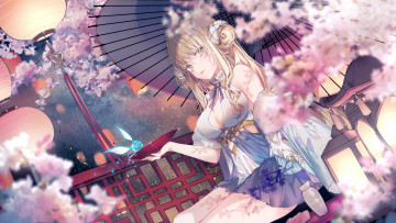 Картинка аниме unknown +другое+ девушка чаша существо зонт фонари цветение