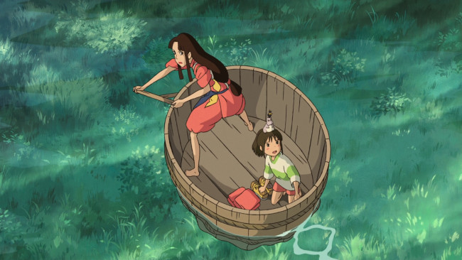 Обои картинки фото аниме, spirited away, женщина, девочка, бочка, вода