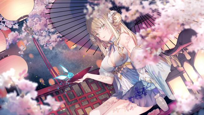 Обои картинки фото аниме, unknown,  другое , девушка, чаша, существо, зонт, фонари, цветение