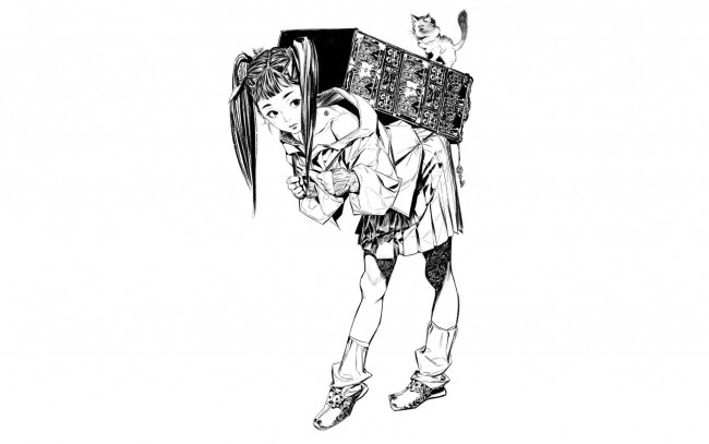 Обои картинки фото аниме, животные,  существа, девочка, короб, котенок