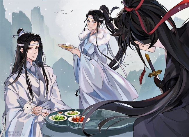 Обои картинки фото аниме, mo dao zu shi, вэй, усянь, лань, ванцзи, кролики, сычжуй, еда