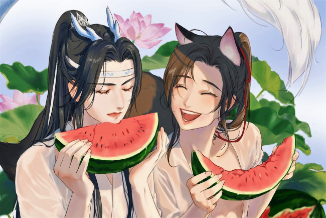 Обои картинки фото аниме, mo dao zu shi, лань, ванцзи, вэй, усянь, дракон, лис, арбуз