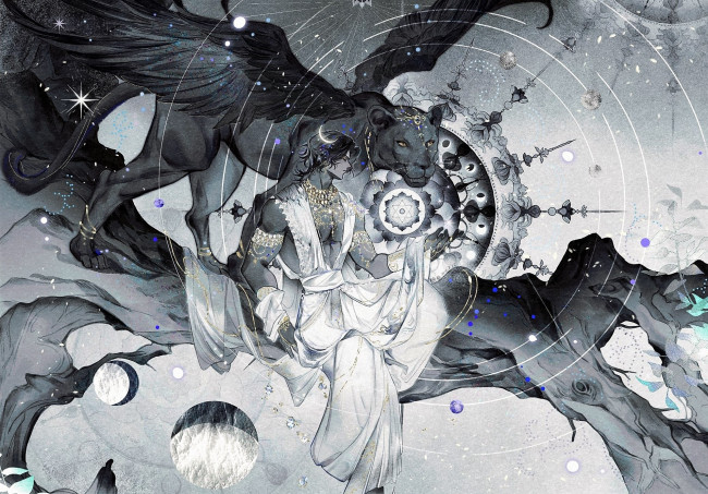 Обои картинки фото аниме, животные,  существа, парень, пантера, крылья