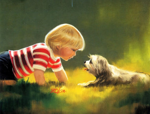 Картинка рисованное donald+zolan мальчик собака лужайка