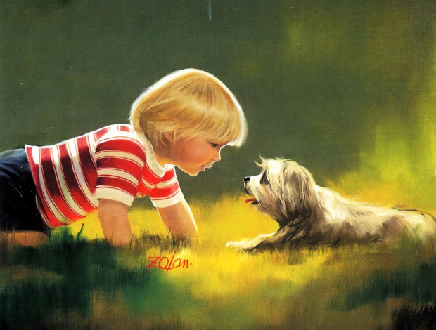 Обои картинки фото рисованное, donald zolan, мальчик, собака, лужайка
