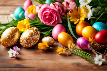 обоя праздничные, пасха, яйца, цветы