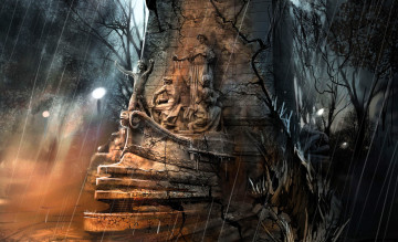 Картинка видео+игры alone+in+the+dark дождь деревья фонарь развалины статуи