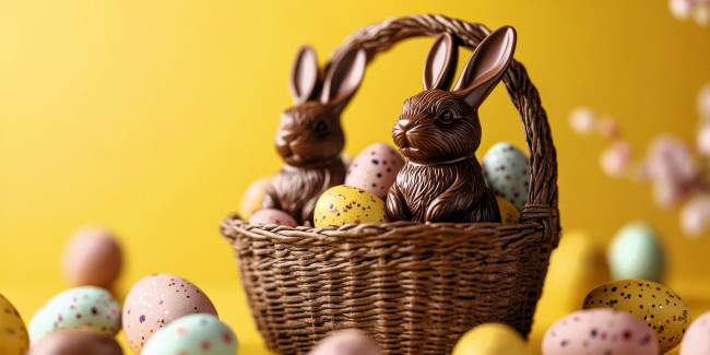 Обои картинки фото праздничные, пасха, яйца, корзина, кролики, шоколад