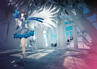 Картинка аниме angels demons перья ochakai shinya девушка комната кристаллы цветы букет окна розы