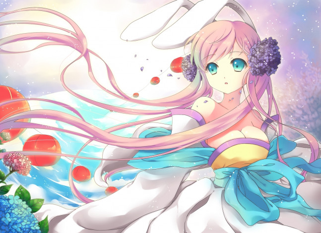 Обои картинки фото аниме, animals, ceru, девушка, неко, уши, цветы, гортензия, фонарики, платье, ветер