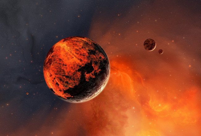 Обои картинки фото космос, арт, планета, туманность, звезды, спутники