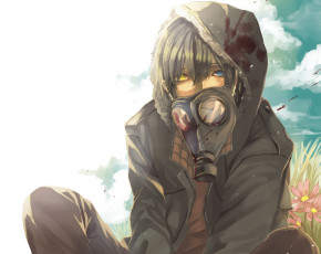 Картинка аниме *unknown+ другое облака капюшон небо кровь гетерохромия противогаз цветы арт yao парень трава