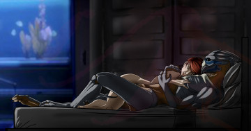 Картинка видео+игры mass+effect+3 кровать лежат инопланетянин девушка арт