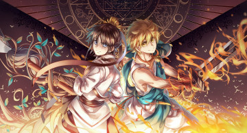 Картинка аниме magi+the+labyrinth+of+magic листья огонь меч оружие магия парни ren hakuryuu ali baba saluja magi the labyrinth of magic instockee арт