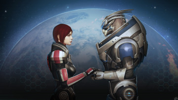 Картинка видео+игры mass+effect+3 скафандры звёзды арт планета панорама инопланетянин девушка