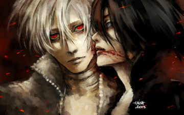 Картинка аниме dogs +bullets+&+carnage поцелуй взгляд апатия меланхолия haine rammsteiner парень nanfe девушка fuyumine naoto art огонь кровь
