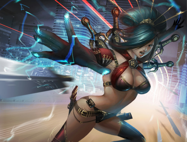 Обои картинки фото фэнтези, девушки, девушка, воин, кинжалы, мегаполис