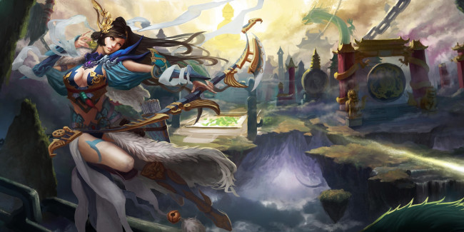 Обои картинки фото фэнтези, девушки, ущелье, обрыв, дракон, лук, азия