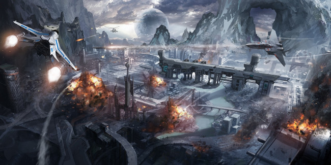 Обои картинки фото фэнтези, иные миры,  иные времена, иной, мир, чужая, планета, завод, самолеты, атака