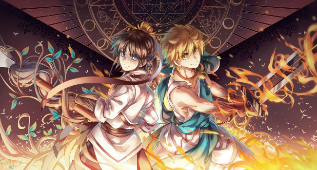 Обои картинки фото аниме, magi the labyrinth of magic, листья, огонь, меч, оружие, магия, парни, ren, hakuryuu, ali, baba, saluja, magi, the, labyrinth, of, magic, instockee, арт