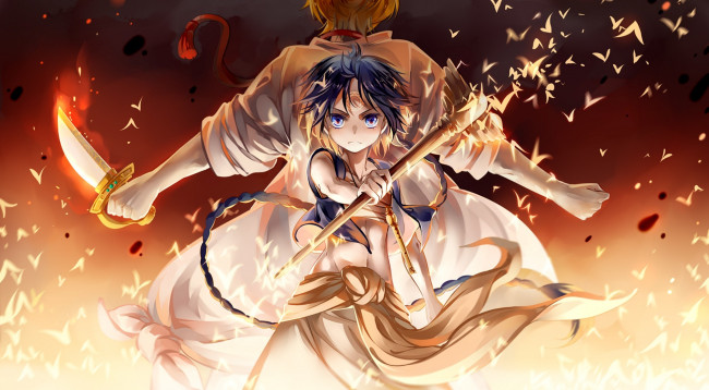 Обои картинки фото аниме, magi the labyrinth of magic, парни, ali, baba, saluja, магия, aladdin, птицы, magi, the, labyrinth, of, magic, instockee, арт, огонь, оружие