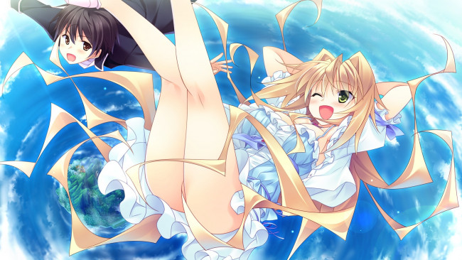 Обои картинки фото guardian place, аниме, *unknown , другое, полет, девушка, арт, hibarigaoka, itsuki, guardian, place, облака, небо, парень