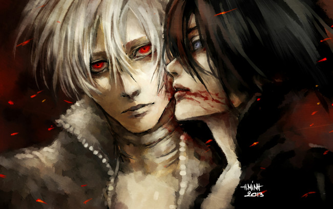 Обои картинки фото аниме, dogs,  bullets & carnage, поцелуй, взгляд, апатия, меланхолия, haine, rammsteiner, парень, nanfe, девушка, fuyumine, naoto, art, огонь, кровь