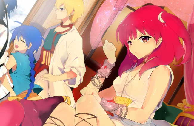 Обои картинки фото аниме, magi the labyrinth of magic, aladdin, девушка, ali, baba, saluja, morgiana, magi, the, labyrinth, of, magic, арт, цепи, парни