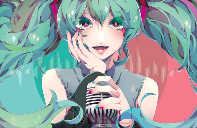 Обои картинки фото аниме, vocaloid, радость, глаза, микрофон, девушка, hatsune, miku, puri, арт