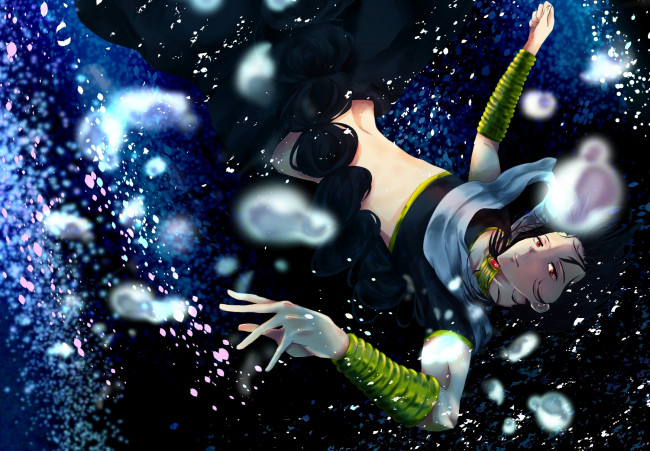 Обои картинки фото аниме, magi the labyrinth of magic, пузыри, падение, под, водой, парень, judal, magi, the, labyrinth, of, magic, арт