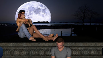 Картинка 3д+графика романтика+ romantics ночь парни фон взгляд девушка луна