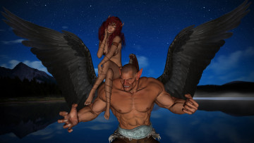 Картинка 3д+графика существа+ creatures демон кастаника озеро звезды ночь полет фон взгляд