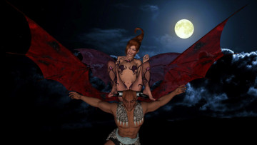 Картинка 3д+графика существа+ creatures звезды ночь демон кастаника озеро полет фон взгляд эльф