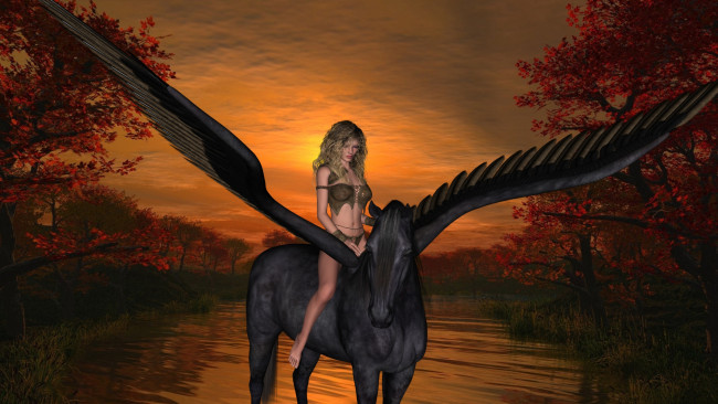 Обои картинки фото 3д графика, фантазия , fantasy, облака, закат, осень, лес, озеро, пегас, фон, взгляд, девушка