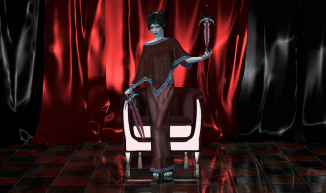 Обои картинки фото 3д графика, фантазия , fantasy, девушка, фон, взгляд, кресло, оружие