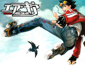обоя аниме, air gear, air, gear, itsuki, minami, ролики, джинсы, ворона, прыжок, эйфория, очки