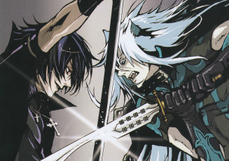 Картинка аниме оружие +техника +технологии crossovers lamento togainu no chi rai shiki поединок длинные волосы меч ушки катана крест перчатки