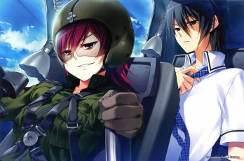 Картинка аниме grisaia+no+kajitsu grisaia no kajitsu mariera stanfield yuuji kazami двое вертолет шлем галстук ремни парень кресло ухмылка