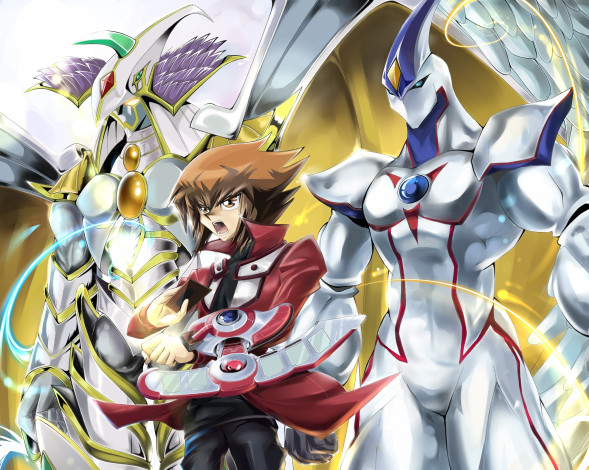 Обои картинки фото аниме, yu-gi-oh, парень, роботы