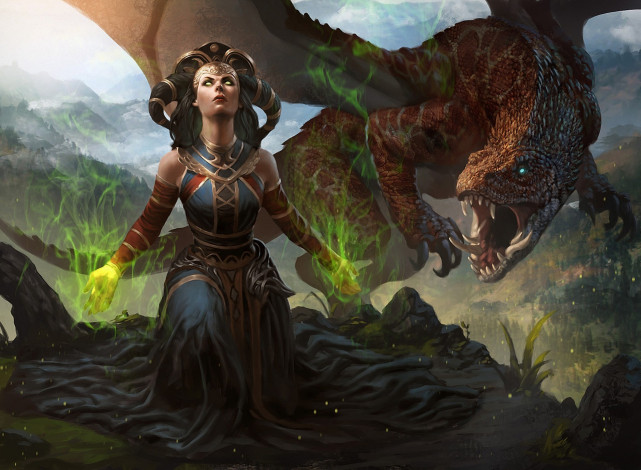Обои картинки фото фэнтези, красавицы и чудовища, колдунья, девушка, magic, the, gathering, арт, глаза, магия, дракон