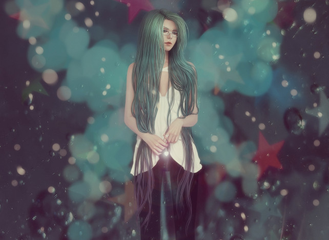 Обои картинки фото аниме, unknown,  другое, арт, ripa666, девушка, очки, звезды, волосы