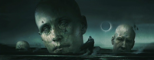 Обои картинки фото фэнтези, иные миры,  иные времена, ночь, головы, затмение, капюшон, человек, фантастика, небо, статуя