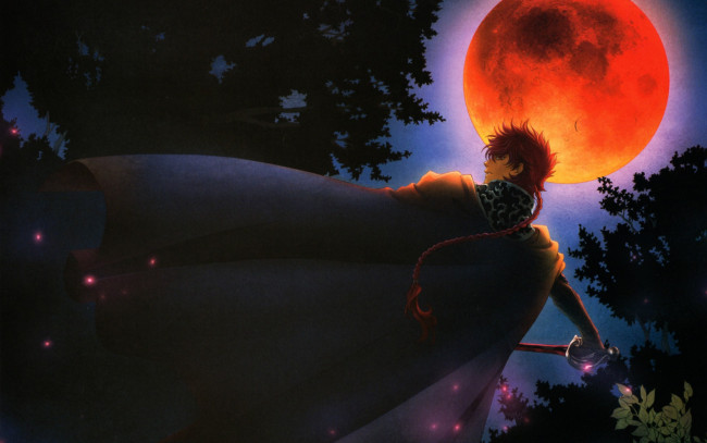 Обои картинки фото аниме, оружие,  техника,  технологии, плащ, шпага, коса, луна, ночь, искры