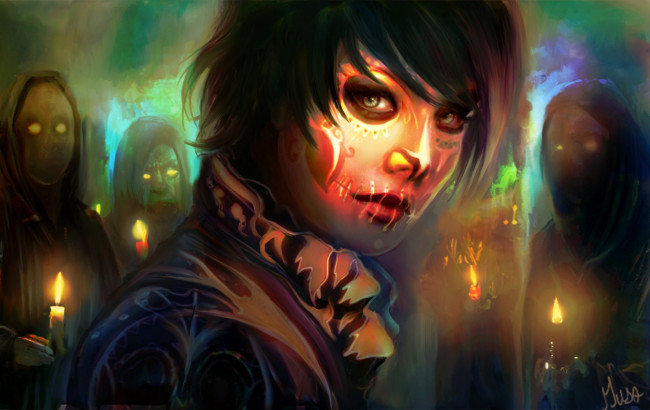 Обои картинки фото фэнтези, нежить, мертвые, огонь, девушка, смерть, ночь