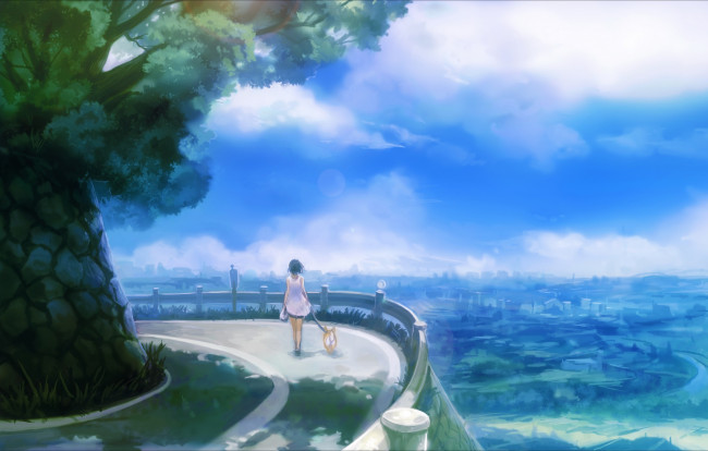 Обои картинки фото аниме, город,  улицы,  здания, собака, девушка, дорога