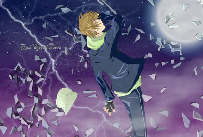 Обои картинки фото аниме, air gear, air, gear, kazuma, mikura, спина, шапка, куртка, луна, осколки, молния