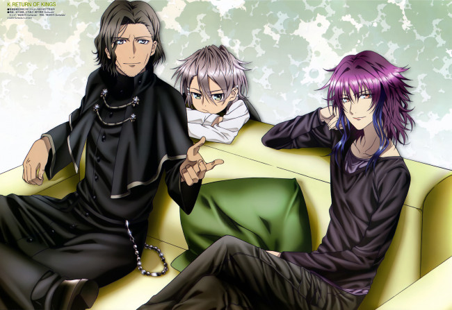 Обои картинки фото аниме, k project, goujou, sakuna, tenkei, iwafune, yukari, mishakuji, трое, диван, подушка, священник, мальчик