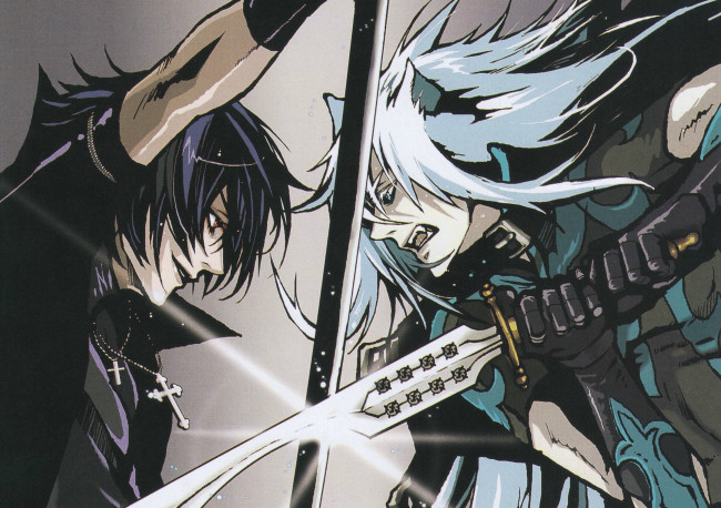 Обои картинки фото аниме, оружие,  техника,  технологии, crossovers, lamento, togainu, no, chi, rai, shiki, поединок, длинные, волосы, меч, ушки, катана, крест, перчатки