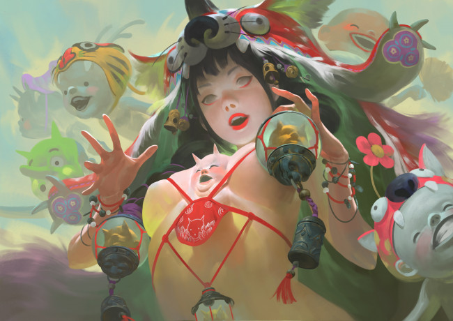 Обои картинки фото фэнтези, красавицы и чудовища, духи, мистика, ведьма, арт, девушка, демоны, грудь, фантазия