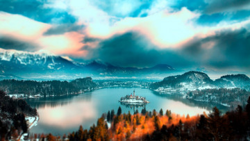 Картинка города блед+ словения горы остров озеро